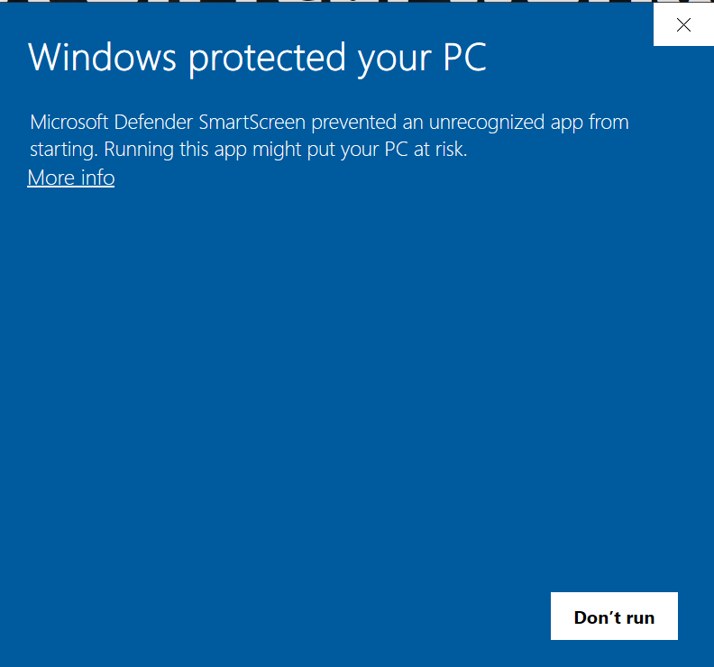 Windows protected your PC SmartScreen notice with More info link