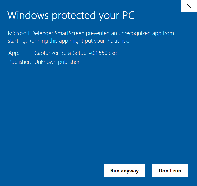 Windows protected your PC SmartScreen notice showing Capturizer setup and Run anyway button